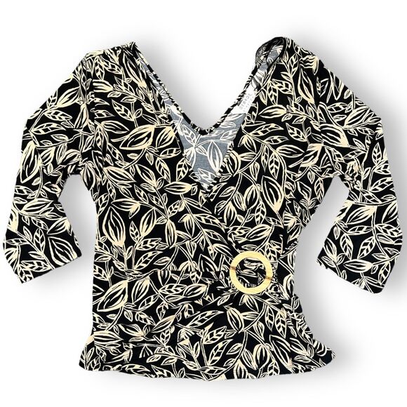 George Womens Blouse Top Faux Wrap V Neck Stretch Pullover Cream Black Large - Picture 10 of 12